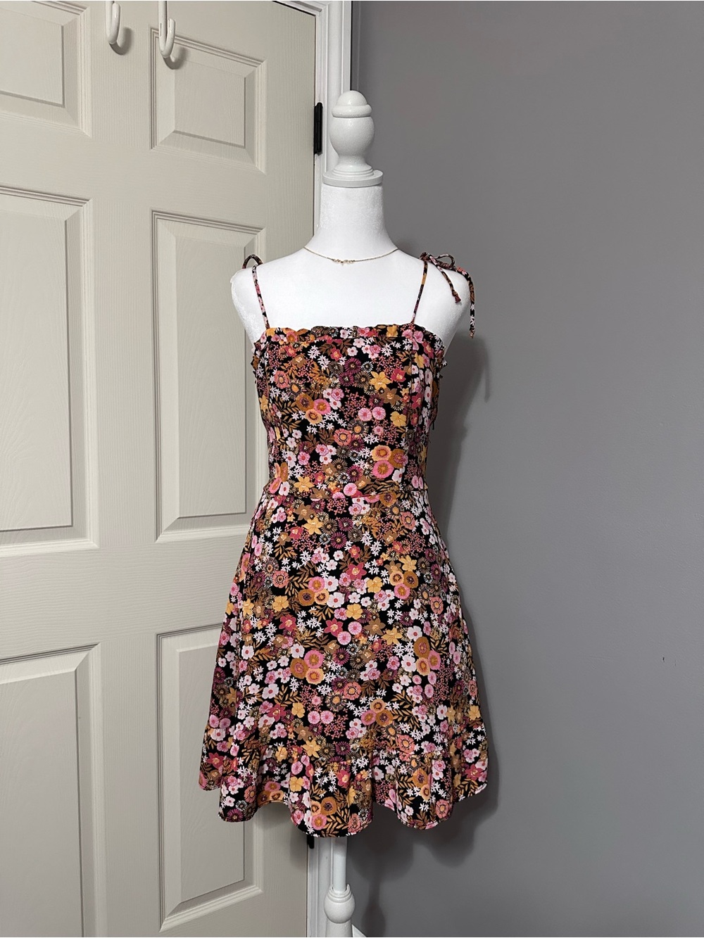 Bohemian Coquette Floral Tie-Shoulder Sundress in Pink and Orange
